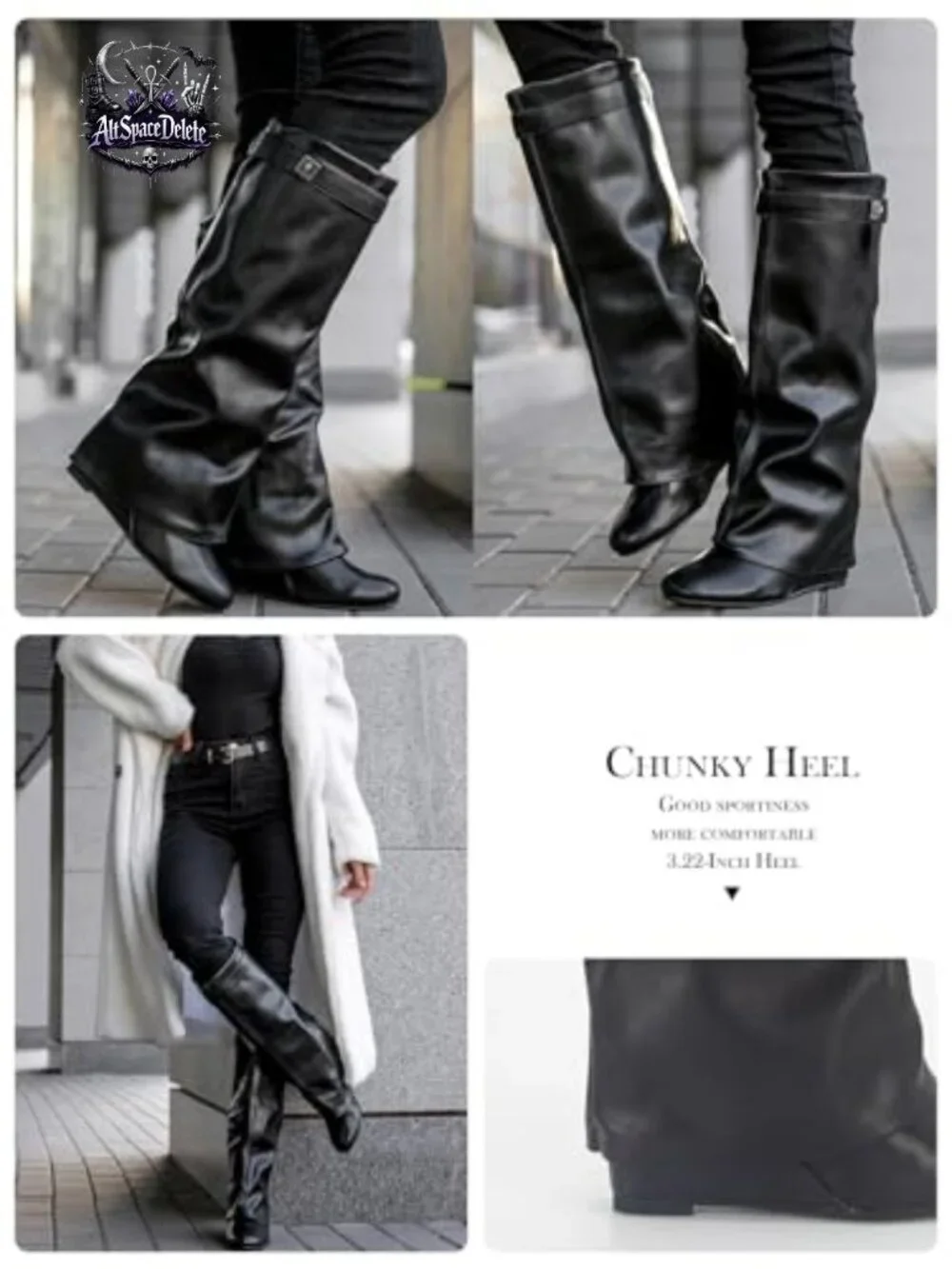 Fold Over Knee High Boots Women Wedge Heel Shark Boots PU Leather_4